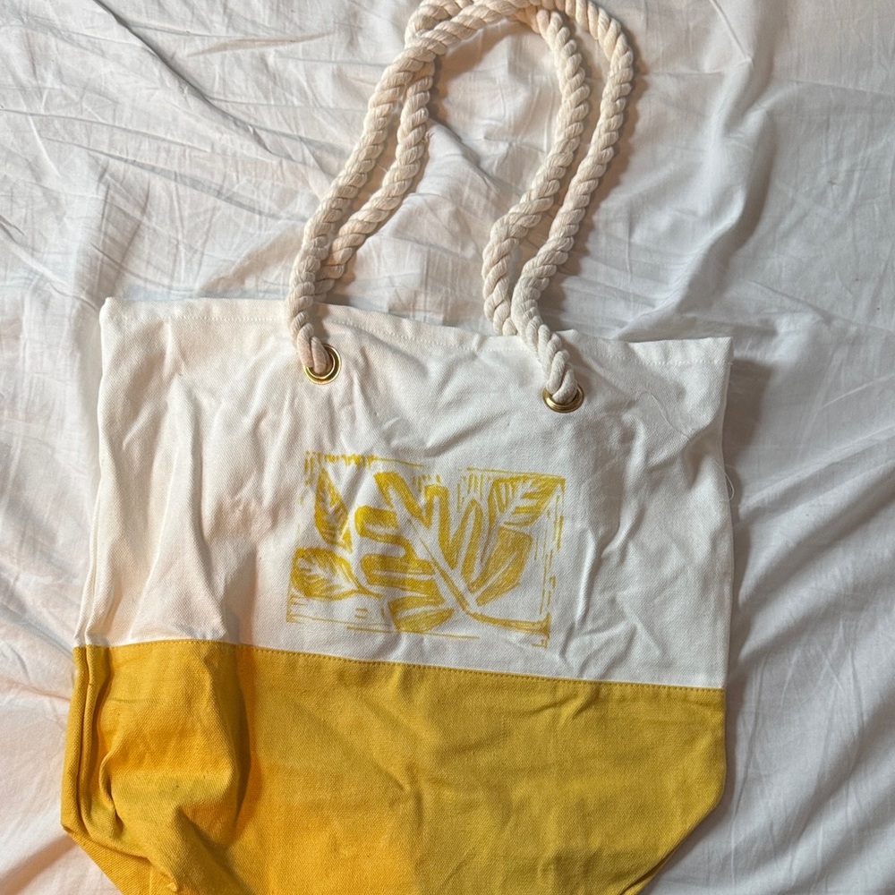Crown and Bloom Canvas Two-Hand Painted Yellow & White Tote Bag Rope Handles